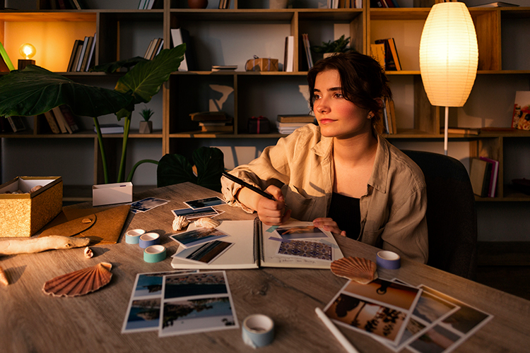 Young woman with the Wolf chronotype working on a creative project at a desk in the evening, making a photo collage
