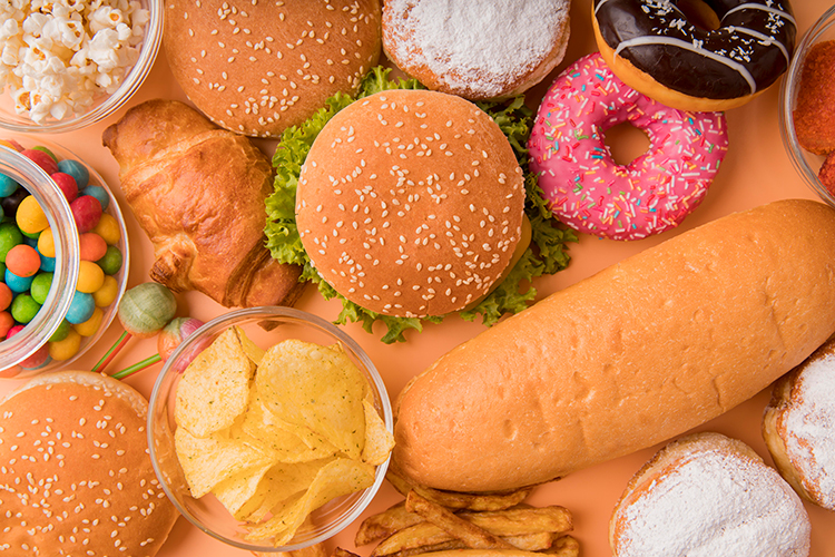 Unhealthy food and snacks: refined carbohydrates from white flour (burger buns, baguette, croissant, donuts, cookies/pastries), sweets (dragees)
