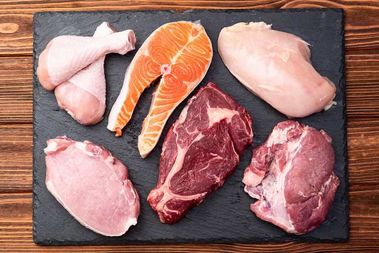 Mix of Raw Meat, Fish, Salmon, Beef, Pork, Chicken, Steak