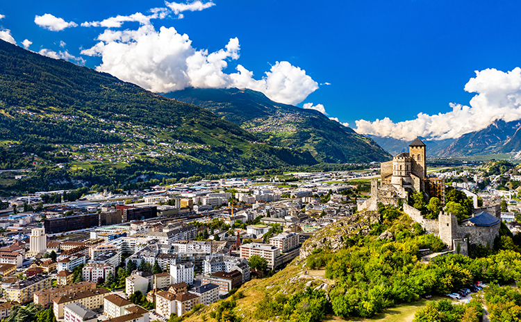 Staden Sion i kantonen Valais, Schweiz
