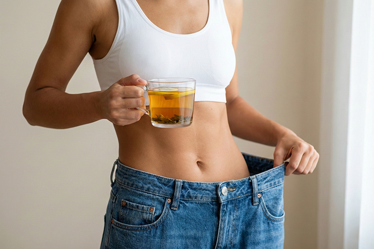 Young woman in old oversized jeans with a cup of tea