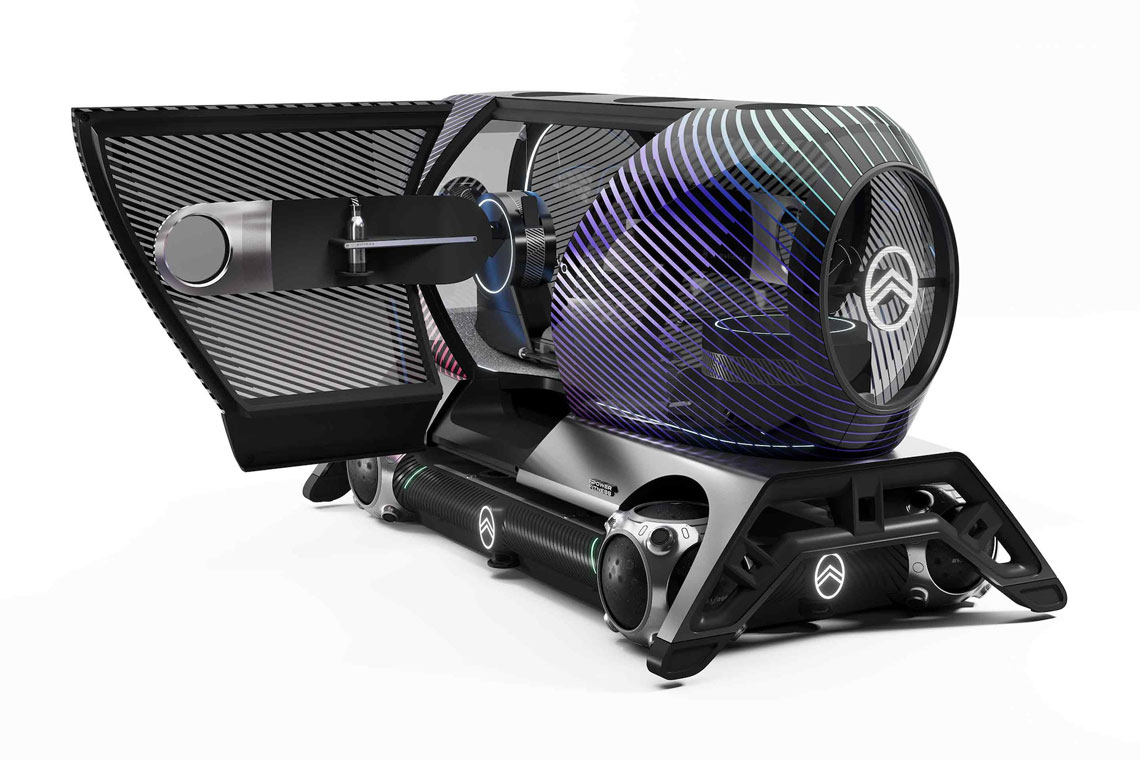 O carrinho autônomo Citroen Skate (2600×1600×510 mm) funciona com tração elétrica a uma velocidade de 5-25 km/h