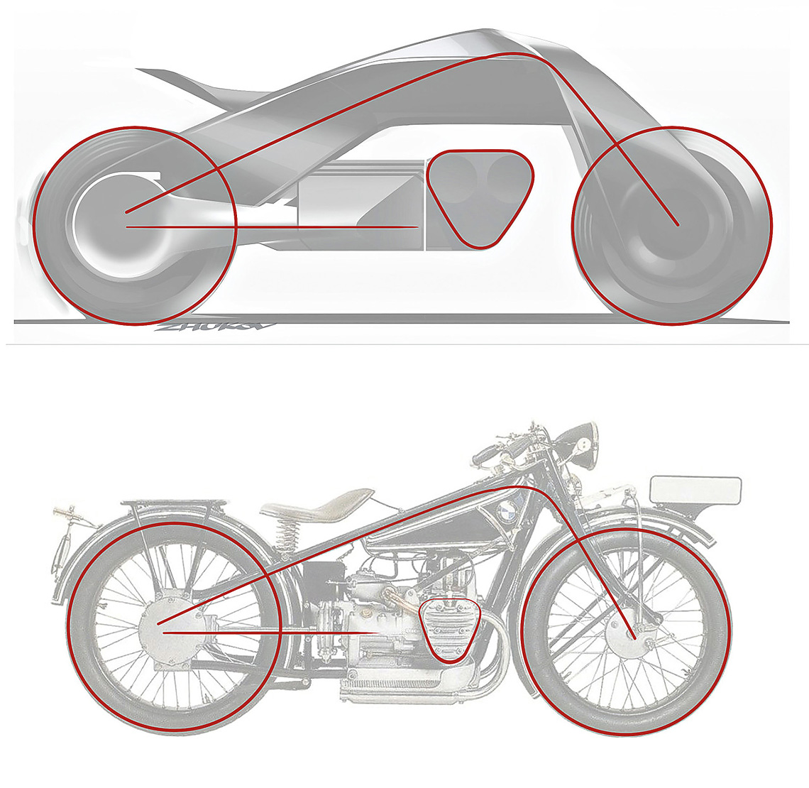 Stilistisch BMW Motorrad Vision Next 100 ähnelt vage dem allerersten Motorrad der Marke – dem 23 erschienenen BMW R1923 (basierend auf dem Motorrad der britischen Firma Douglas).