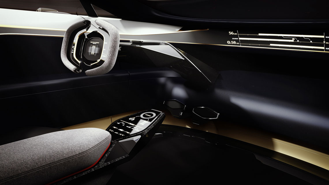 The retractable steering wheel suggests the presence of an unmanned mode.