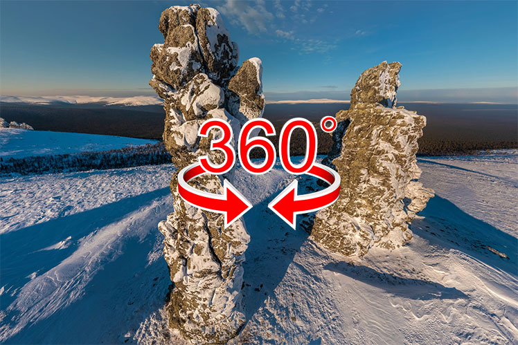 Fanciful stone idols Manpupuner in Komi | 360º view