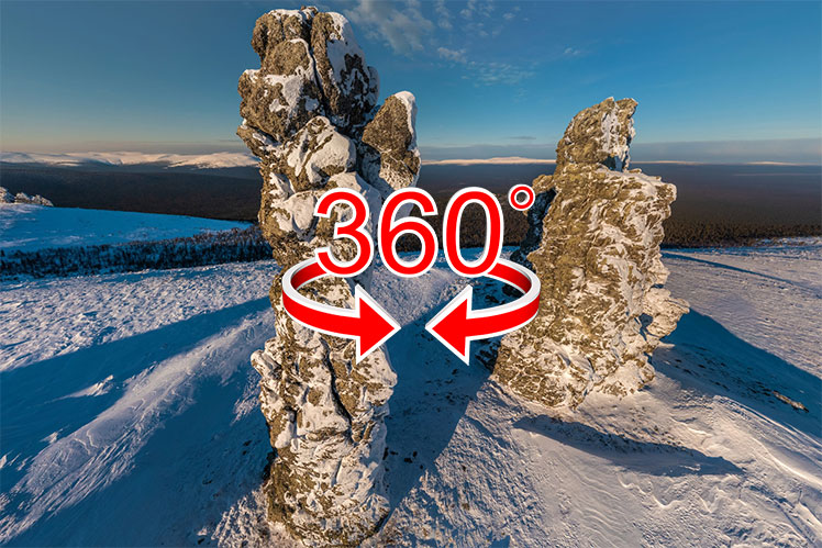 Fantasievolle stenen idolen Manpupuner in Komi | 360º zicht