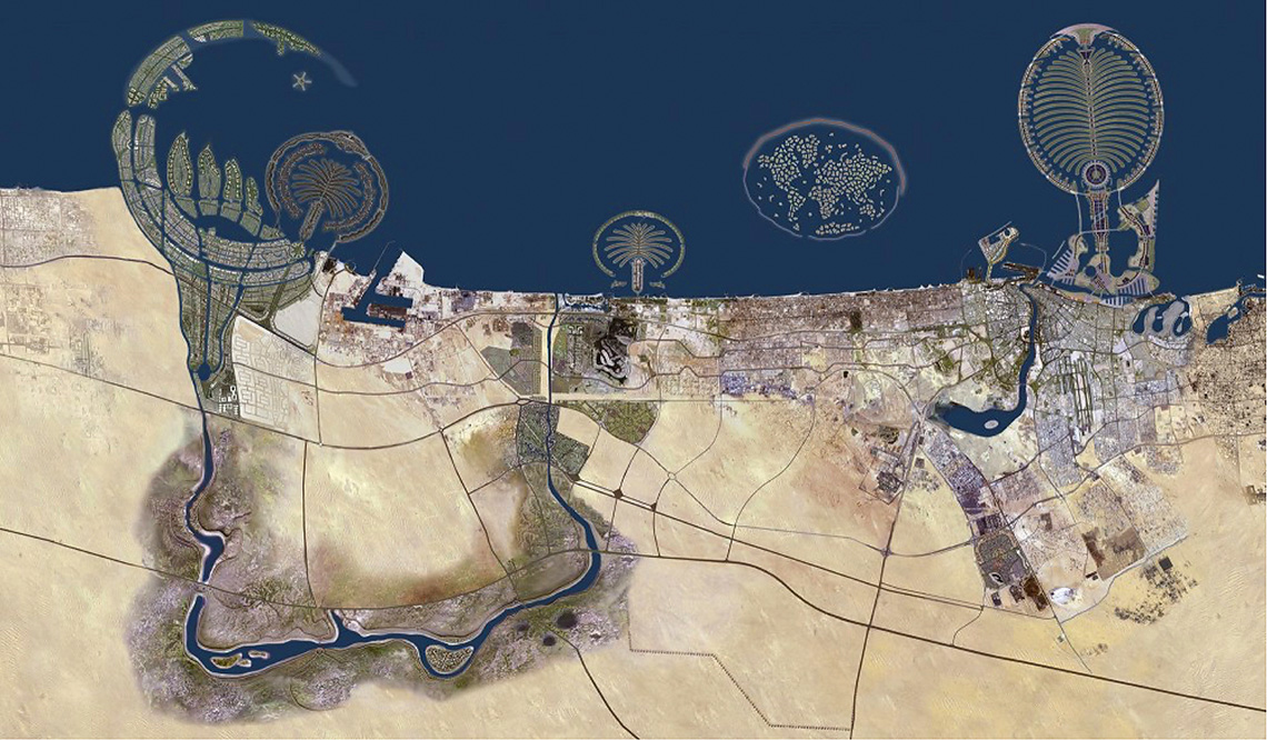 Umělé ostrovy v Dubaji (panoramatický pohled na projekt)