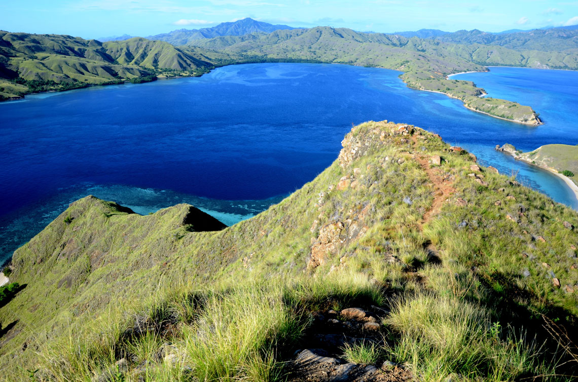 A park három nagy szigetet (Komodo, Padar és Rinca) és több mint 26 kis szigetet, valamint az ezeket mosó Sape-, Lintah- és Sumba-szoros vizeit foglalja magában, összesen 1733 km²-en. A nemzeti park szigetei vulkáni eredetűek. A terepet általában lekerekített dombok jellemzik, amelyek magassága elérheti a 735 métert.