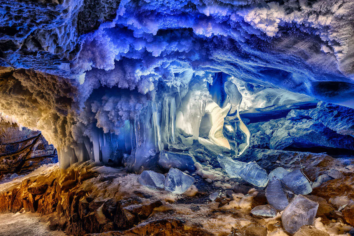 The Kungur Ice Cave is one of the largest karst caves in the European part of Russia, the seventh longest gypsum cave in the world. The length of the cave is about 5 meters, of which 700 km is equipped for visits by tourists. The air temperature in the center of the cave is from +1,5 °C to −5 °C.