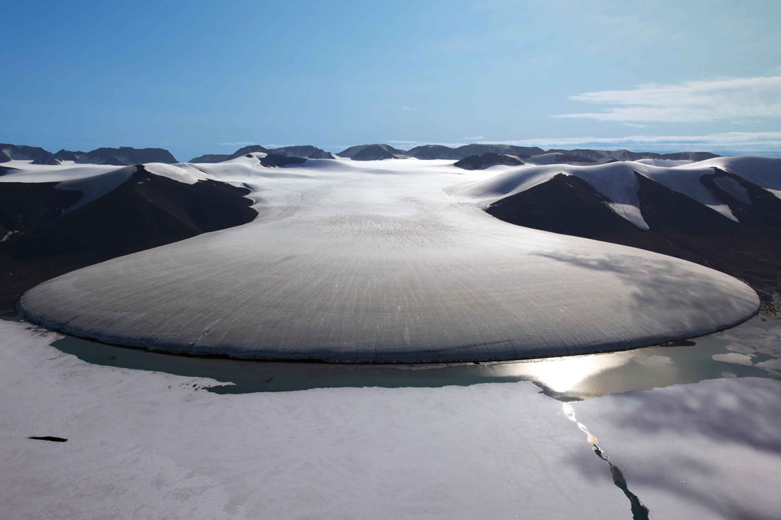 The Elephant's Foot Glacier was discovered during the three-year East Greenland Expedition, which took place in East Greenland from 1931 to 1934. During the expedition, aerial photography was carried out, as a result of which many geographical objects of East Greenland were displayed and named, including the Elephant's Foot.
